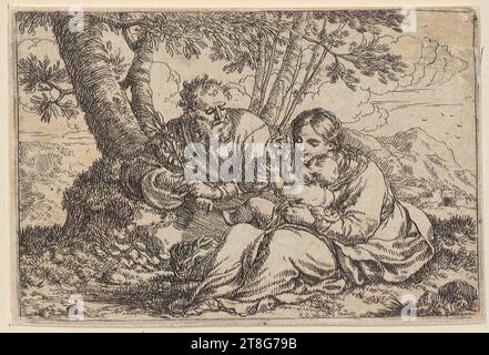 Jonas Umbach (1624 um - 1693), Holy Family with Mary handing fruits to the child, print medium: 1634 - 1693, etching, sheet size: 8.0 x 12.0 cm Stock Photo