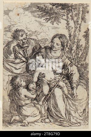 Jonas Umbach (1624 um - 1693), Holy Family with the boy John and Jesus caressing his lamb, print medium: 1634 - 1693, etching, sheet size: 11.1 x 7.6 cm (trimmed on all four sides Stock Photo