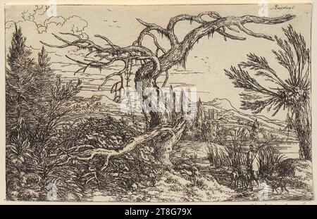 Jonas Umbach (1624 um - 1693), Landscape with a withered tree and a shepherd, print medium: 1645 - 1700, etching, sheet size: 9.6 x 15.0 cm Stock Photo