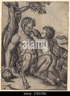 Marcantonio Raimondi (1470, 1482 um - um 1527, 1534), artist Raphael (1483 - 1520), after, Pan with the boy Bacchus, origin of the print medium: 1515 - 1516, copperplate engraving, sheet size: 12.7 x 9.6 cm, lower left monogrammed 'MAF Stock Photo