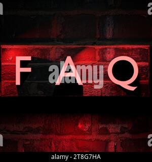 FAQ icon website button design. Frequently asked question text on grunge brick wall background. 3D render illustration Stock Photo