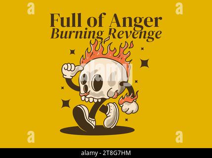 Full of anger, burning revenge. Vintage mascot character illustration of burning skull Stock Vector