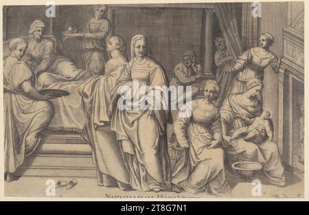 Agostino Carracci (1557 - 1602), Andrea del Sarto (1486 - 1530), after, Nativity of the Virgin Mary, print medium: circa 1570, copperplate engraving, sheet size: 21.3 x 33.5 cm (trimmed on all four sides)' Inscribed at lower center 'NATIVITAS BEATÆ MARIÆ VIRGINIS' trimmed and inscribed at lower right 'A, Verso the same print again weaker; trimmed at top and right; verso inscribed in graphite at lower right 'Nativitas beate Mariae virginis Stock Photo