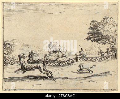 Jacques Callot (1592 - 1635), artist, A lioness and her cub are pursued by hunters, sheet 14 of the series 'Mary's Life', print medium: 1625 - 1629, etching on vergé paper, sheet size: 6.2 x 8.1 cm (trimmed within platemark), red Stock Photo