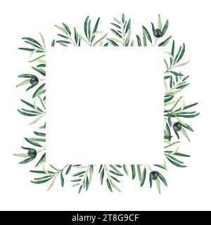 Olive tree square frame, border. Black olives and branches corners ...