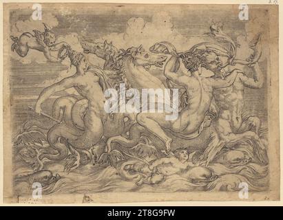 Angelo Falconetto (1507 - 1567), artist, frieze with sirens, nymphs and tritons, origin of the print medium: c. 1520 - 1567, etching on vergé paper, sheet size: 24.0 x 33.0 cm platemark: 22.4 x 30.6 cm, signed lower left 'Ang.lo falco Stock Photo