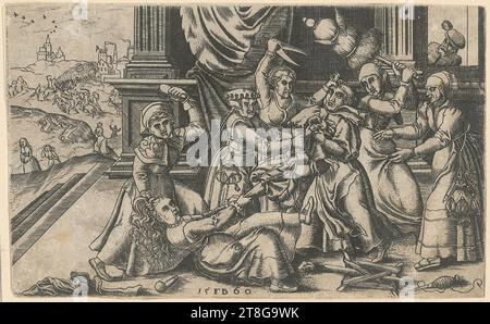 Lukas Cranach (the Elder) (1472 - 1553), artist, Kissing St. John Chrysostom, Franz Isaac Brun (1535 c. - c. 1610, 1620), artist, Seven women fighting for a pair of trousers, print medium: 1560, copper engraving on vergé paper, sheet size: 7.2 x 11.7 cm, bottom center dated and monogrammed '15 FB 60 Stock Photo