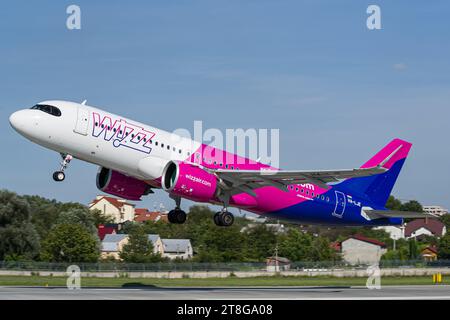 WizzAir's one of the newest Airbus A320 NEO taking off from Lviv Airport. High-quality photo Stock Photo