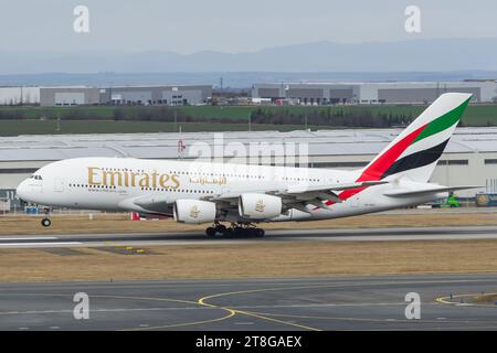 Emirates double-deck jet airliner Airbus A380 landing in Prague after a flight from Dubai. Stock Photo