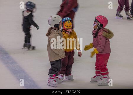 Beautiful view of happy children in carnival masks stand on ice rink at sports complex. Stock Photo