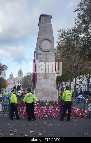 London, UK. 20 November 2023. Police officers guarding the cenotaph in Whitehall following a slow march protest by Just Stop Oil climate activists. Credit: amer ghazzal/Alamy Live News Stock Photo