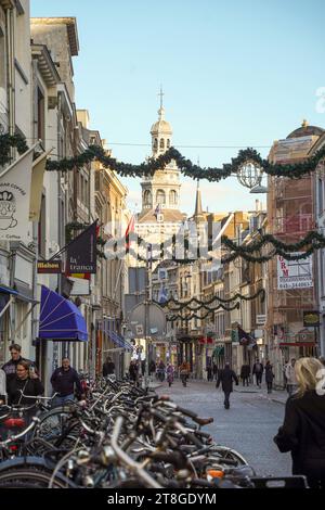 Street to Market, with town hall in background, Maastricht, Limburg, Netherlands. Stock Photo