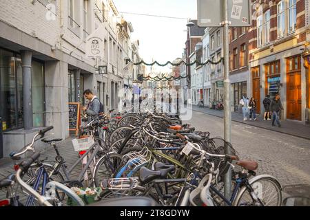 Bicycles parked in the streets of Maastricht, Limburg, Netherlands. Stock Photo