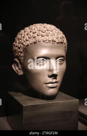 Ptolemaic Style, 100-75 BC. Idialized young man's head. Greek and Egyptian style. Alexandria, Egypt. Green siltstone. British Museum. London. GBR. Stock Photo