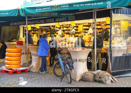 Dutch cheese stand, stall on the outdoor market, Maastricht, Limburg, Netherlands. Stock Photo
