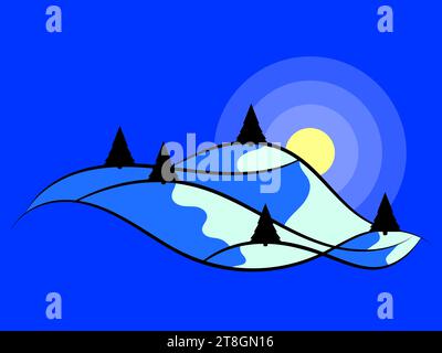 Winter landscape with snowy hills and fir trees. Landscape in line art style. Mountain sunrise in a minimalist style. View of the snowy hills. Design Stock Vector