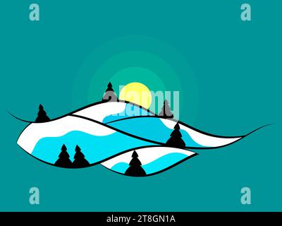 Winter landscape with snowy hills and fir trees. Landscape in line art style. Mountain sunrise in a minimalist style. View of the snowy hills. Design Stock Vector