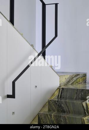 Stone treads and handrail. Hotel Casa Polanco, Mexico City, Mexico. Architect: Gantous Arquitectos, 2022. Stock Photo