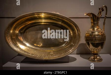 Paris, France - 11 16 2023: Louvre Museum. The Treasure of Notre-Dame de Paris. View of an Ewer and a bassin in silver gilt Stock Photo