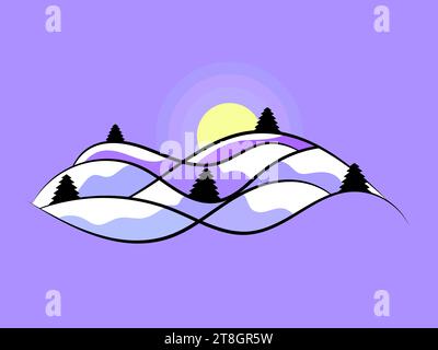 Winter landscape with snowy hills and fir trees. Landscape in line art style. Mountain sunrise in a minimalist style. View of the snowy hills. Design Stock Vector
