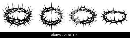 Crown of thorns icons set. Black silhouette of a crown made of thorns on a white background. Christian symbol. Vector illustration Stock Vector