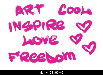 Collection of graffiti street art tags with words and symbols in purple color on white background Stock Photo