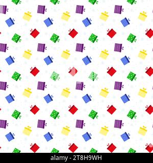Colorful gift boxes seamless pattern with winter ornament and snowflakes on a white background Stock Photo