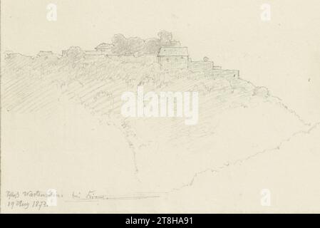 CARL THEODOR REIFFENSTEIN, view from the Kyrburg, August 21, 1873, sheet, 117 x 156 mm, pencil on paper, view from the Kyrburg, CARL THEODOR REIFFENSTEIN, page, adhesive tapes, volume 31, page 64, part number / total, 1 / 3, KYRBURG, KIRN, 19TH CENTURY, DRAWING, pencil on paper, GRAPHITE-CLAY MIXTURE, PAPER, PENCIL DRAWING, GERMAN, LANDSCAPE STUDY, TRAVEL STUDY, Dated and inscribed lower right, in pencil, View from the Kÿrburg. 21 Aug 1873, numbered on the page to the right of the drawing, in black pen Stock Photo