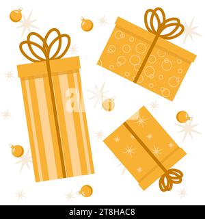 Festive ochre golden gift boxes with beige patterns of stars and ball ornaments on a white background vector Stock Photo