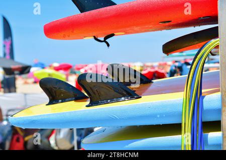 Details of the surfboard on the beach. Set of different color surf boards Stock Photo