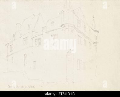 CARL THEODOR REIFFENSTEIN, Former monastery, later Adelshof, in Kamp am Rhein, August 31, 1880, sheet, 95 x 132 mm, pencil on paper, Former monastery, later Adelshof, in Kamp am Rhein, CARL THEODOR REIFFENSTEIN, page, adhesive tapes, Volume 36, page 60, part number / total, 3 / 3, KAMP-BORNHOFEN, 19TH CENTURY, DRAWING, pencil on paper, GRAPHITE-CLAY MIXTURE, PAPER, PENCIL DRAWING, GERMAN, ARCHITECTURAL STUDY, TRAVEL STUDY, Dated and inscribed lower left, in pencil, Camp 31 August 1880., Numbered on the page below the drawing, with pen in black Stock Photo