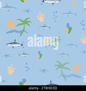 sharks swimming under palm trees seamless pattern without background Stock Vector