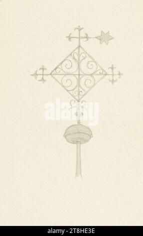 CARL THEODOR REIFFENSTEIN, weather vane of the church in Marienhausen, August 4, 1883, sheet, 117 x 71 mm, pencil, blue-gray wash, on paper, weather vane of the church in Marienhausen, CARL THEODOR REIFFENSTEIN, page, adhesive tapes, volume 38, page 48, Part number / total, 2 / 2, NEUWIED, 19TH CENTURY, DRAWING, pencil, blue-gray wash, on paper, GRAPHITE-CLAY MIXTURE, INK?, INK?, PAPER, PENCIL DRAWING, WASH, GERMAN, ARCHITECTURAL STUDY, STUDY AFTER A CRAFT, TRAVEL STUDY, dated and inscribed below, in pencil, Marienhausen. Church. 4 Aug 1883., Numbered on the page below the drawing, in black Stock Photo