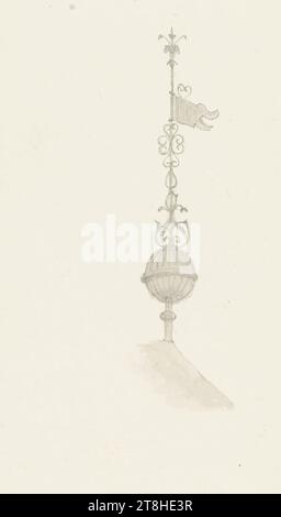 CARL THEODOR REIFFENSTEIN, weather vane in Marienhausen, August 4, 1883, sheet, 120 x 69 mm, pencil, blue-gray wash, on paper, weather vane in Marienhausen, CARL THEODOR REIFFENSTEIN, page, adhesive tapes, volume 38, page 48, part number / total, 1 / 2, NEUWIED, 19TH CENTURY, DRAWING, pencil, blue-gray wash, on paper, GRAPHITE-CLAY MIXTURE, INK?, INK?, PAPER, PENCIL DRAWING, WASH, GERMAN, ARCHITECTURAL STUDY, STUDY AFTER A CRAFT, TRAVEL STUDY, Dated and inscribed lower left, in pencil, Marienhausen 4 Aug 1883, numbered on the page above the drawing, in black pen Stock Photo