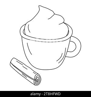 Coffee with cinnamon and whipped cream in cozy ceramic cup, autumn and winter hot drinks, doodle style flat vector outline illustration for kids coloring book Stock Vector