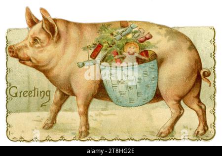 Original, charming and unusual novelty Victorian Christmas card ,greetings card, pig carrying presents with crackers in basket, pigs were thought to be lucky in Victorian times, U.K. Circa 1880's 1890's Stock Photo