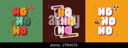 Christmas groovy set of posters with text Ho Ho Ho. Tricolor background. Stock Vector