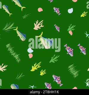 colorful seashells and sea fish seamless pattern without background Stock Vector