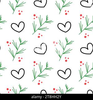 Doodle style seamless pattern for Christmas concept. Branches and red winter berries. Stock Vector