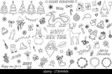 Large winter collection for Christmas and New Year. Symbol of 2024 is Dragon. Winter holiday attributes Santa, snowman, gifts, Christmas trees, wreath Stock Vector