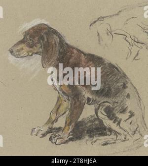 ANTON BURGER, Sitting dachshund to the left, sheet, 206 x 192 mm, Colored chalk, wiped, on grey-brown paper, Sitting dachshund to the left, ANTON BURGER, 19TH CENTURY, DRAWING, Colored chalk, wiped, on grey-brown paper, CHALK, PAPER, CHALK DRAWING, GERMAN, ANIMAL STUDY, verso estate stamp Anton Burger, Frankfurt am Main, Frankfurt am Main Stock Photo