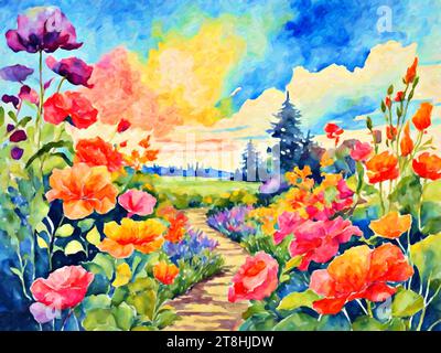 Vibrant Vistas: Spring Garden depicts a colorful and lively garden scene, filled with an array of blooming flowers in various shades and sizes. Stock Vector