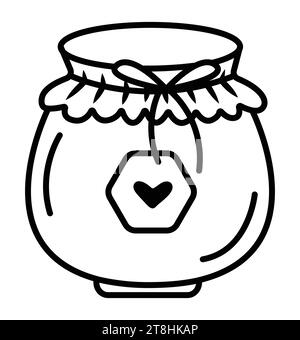 Black line cute jar doodle, vector icon of jam and honey, monochrome pictogram Stock Vector