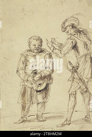 JOHN VANDERBANK, Don Quixote and Sancho Panza, 1729, sheet, 240 x 174 mm, brown pen on handmade paper, Don Quixote and Sancho Panza, JOHN VANDERBANK, 18TH CENTURY, DRAWING, brown pen on handmade paper, INK?, INK?, HAND PAPER, PEN DRAWING, ENGLISH, FIGURE STUDY, COMPOSITION STUDY, DRAFT FOR A BOOK ILLUSTRATION, Inscribed lower center, with the pen in brown, Ju Vanderbank fecit .1729 Stock Photo