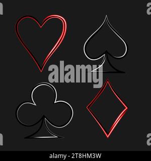 Vector isolated illustration of suit set of playing cards. Contour colors with a neon effect. Stock Vector