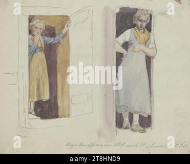 HUGO KAUFFMANN, after JAKOB ZUERCHTEGOTT DIELMANN, girl in the front door, 1860, sheet, 114 x 139 mm, pencil and watercolor on thin vellum paper, drawn on rag cardboard, girl in the front door, HUGO KAUFFMANN, inventor, after JAKOB FürCHTEGOTT DIELMANN, 19TH CENTURY, DRAWING, pencil and watercolor on thin vellum paper, drawn on ragboard, GRAPHITE-CLAY MIXTURE, WATERCOLOR, VELIN PAPER, PENCIL DRAWING, WATERCOLOR, BRUSH DRAWING, GERMAN, COPY, Signed, dated and inscribed lower right, in pencil, Hugo Kauffmann 1860 after Dielmann, verso inscribed, in pencil, Stock Photo