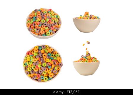 Colorful rings cereal spill out into a bowl. Breakfast. Isolated on a white background. Stock Photo