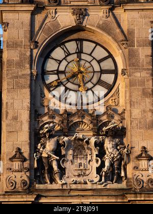 12 10 2022: Close up clocks on old cathedral in the center of Liberec, Czech Republic Stock Photo