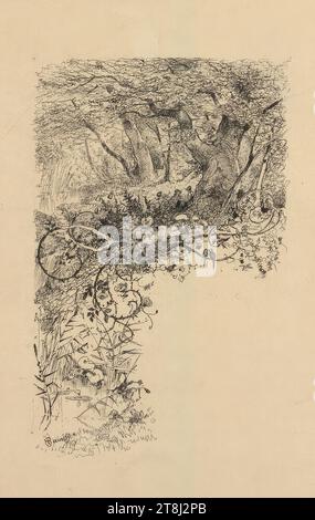 Marginal illustration: forest landscape with a pair of figures under an oak tree by the pond, Hermann Baisch, Dresden 1846 - 1894 Karlsruhe, 19th century, drawing, pen in black, lights scratched out in places, over pencil traces; Boundaries of the illustration marked with a pencil line at the top and left; double black border line, 272 x 181 mm, l.l. in the picture: 'HBaisch.', pen in black, r.o. '.6', pen in black, l. under the inner influence: 'Zu Allotria v. Schwaben Mayer', Bleist. Stock Photo