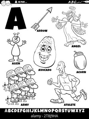 Cartoon illustration of objects and characters set for letter A coloring page Stock Vector